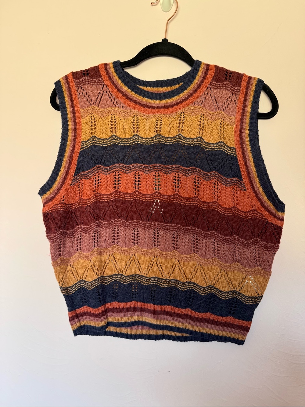 Fashion Nova Striped Openwork Knit Crewneck Vest - Navy, Mustard, Rust, Rose